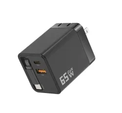 65W GaN Wall Charger With Built-In Retractable USB-C Cable 3-Port Fast Charging Block, US Plug, EU Plug, UK Plug
