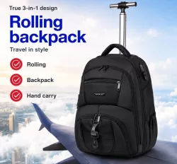FUGUILAI 18 Inch Rolling Backpack with Combination Lock 3-Way Carry Laptop Bag Durable Water-Resistant Wheeled Travel Backpack
