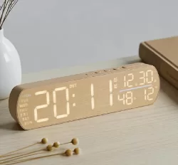 LED Digital Alarm Clock with Temperature Display, Dual Alarm, Models 6665A/B and 6686A/B, Wood Grain and Fabric Texture Finish