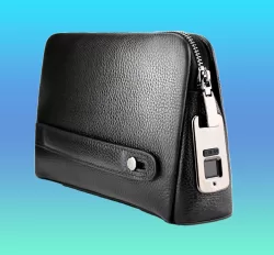 Fingerprint Lock Men's Leather Clutch with USB Charging and Chain Detail, Waterproof